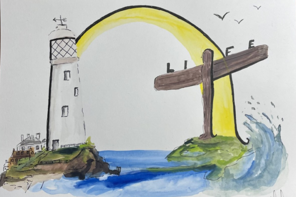 Lighthouse, angel of the north painting