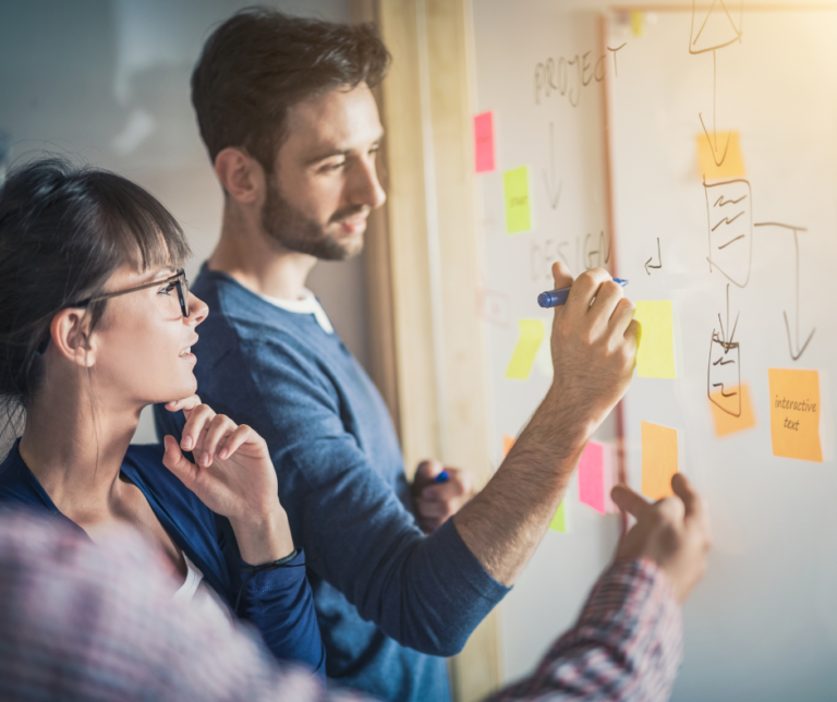 Two people working at an idea board with post it notes.