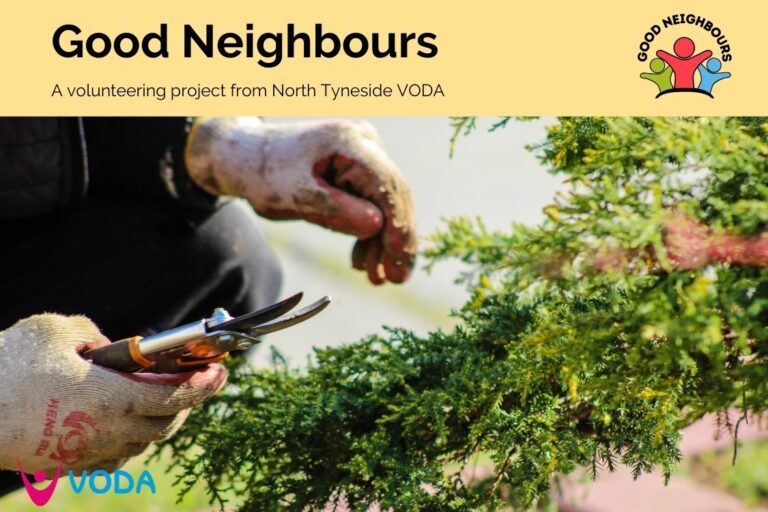 Good Neighbours image shows hands pruning plant.