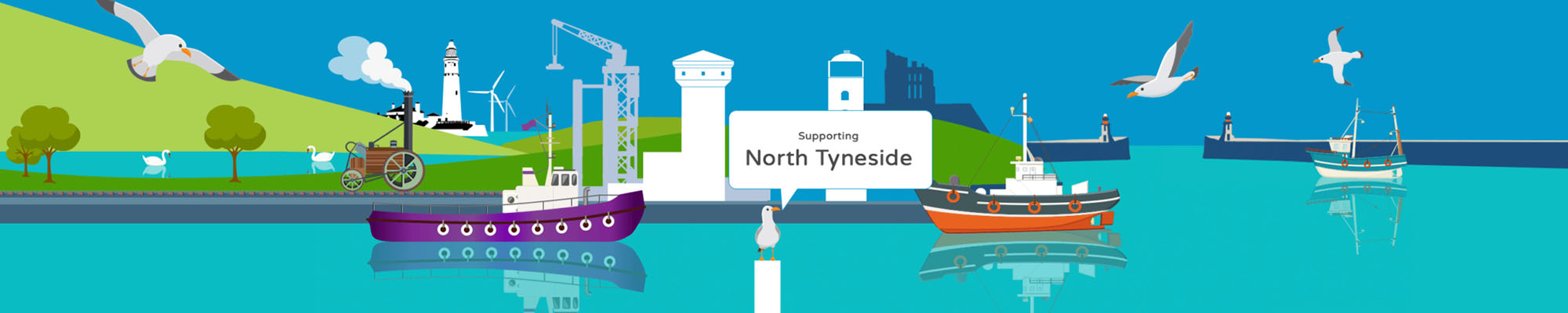 Living Well North TYneisde banner with blue and green graphics showing a river and boats