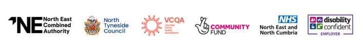 Logos -North of Tyne Combined Authority, North Tyneside Council, VCQA, Community Fund, NHS North East and North Cumbria, Disability Confident.