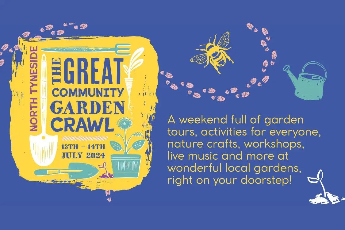 Great Community Garden Crawl Poster. Blue background, with bee and watering can.