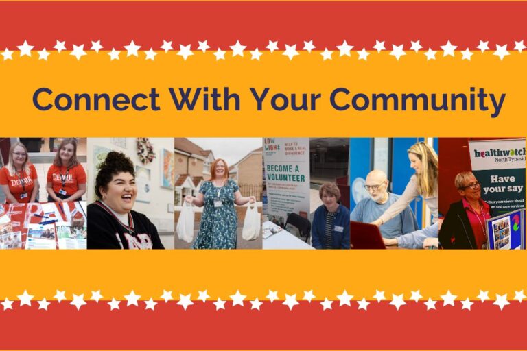 Bright orange and yellow striped background. Text says 'connect with your community' and there are multiple images of volunteers and community activities.