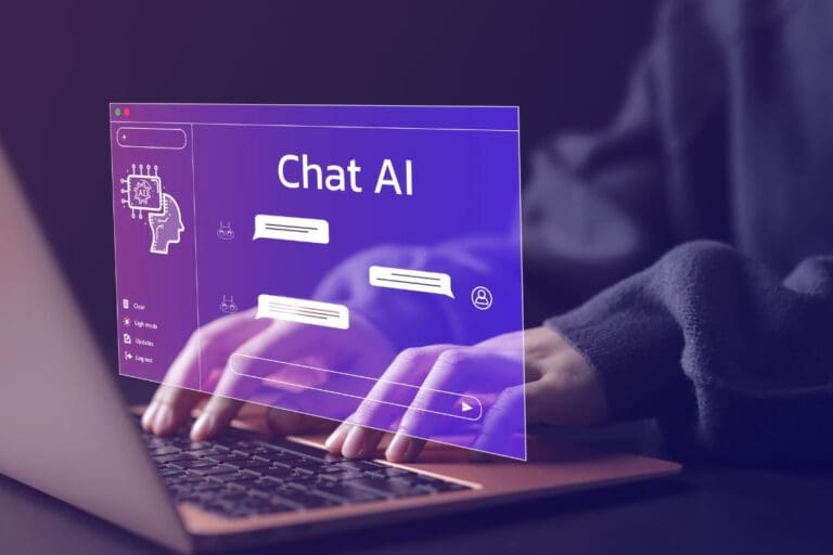 Chat Bot Chat with AI or Artificial Intelligence technology. Woman using a laptop computer chatting with an intelligent artificial intelligence asks for the answers he wants.