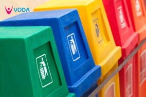 Row of brightly coloured recycling bins