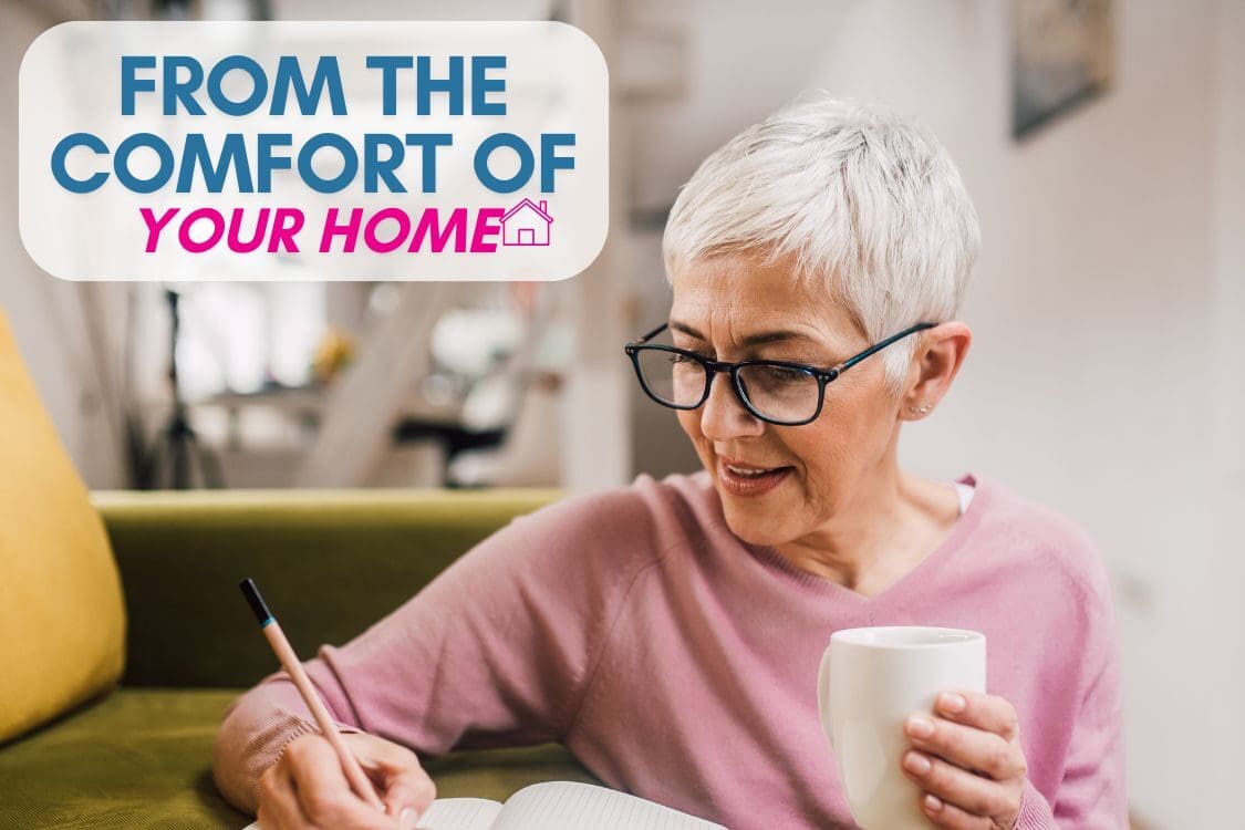 a woman writing a letter from the comfort of your home