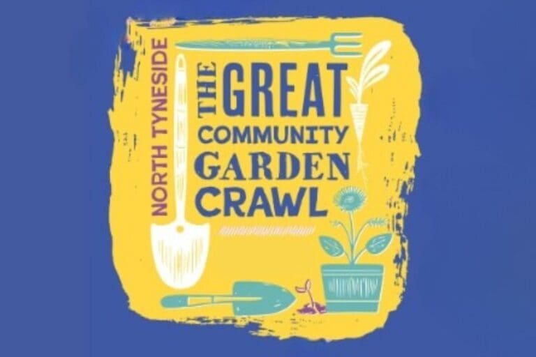 The Great Community Garden Crawl yellow logo on blue background