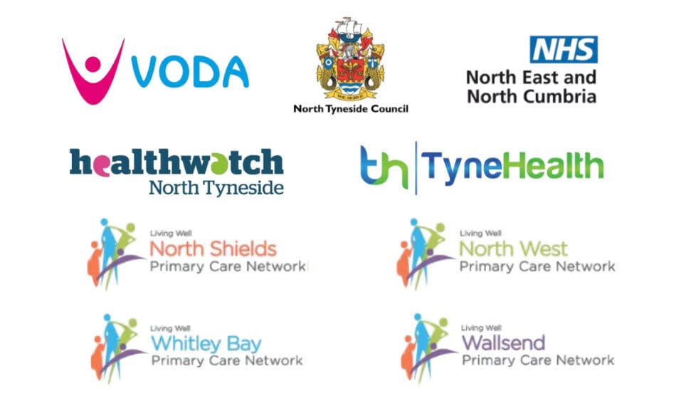 LWNT Partners Banner North Tyneside VODA, North Tyneside Council, TyneHealth, Healthwatch North Tyneside, NHS North East and North Cumbria Integrated Care Board logos