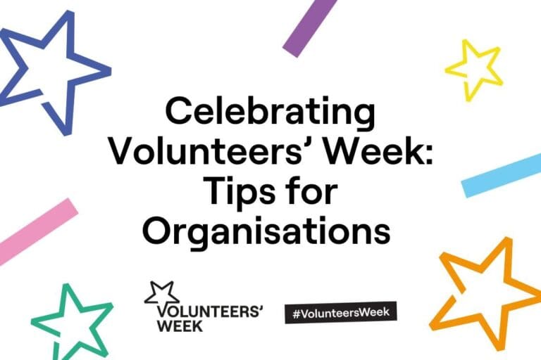 Text - Celebrating Volunteers’ Week: Tips for Organisations - surrounded by coloured stars and lines.