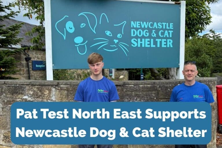Two men stood in front of the dog & cat shelter blue sign