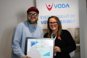 Sector Connector Business of the Year Little Robot - Si accepting his award from CEO Vicky