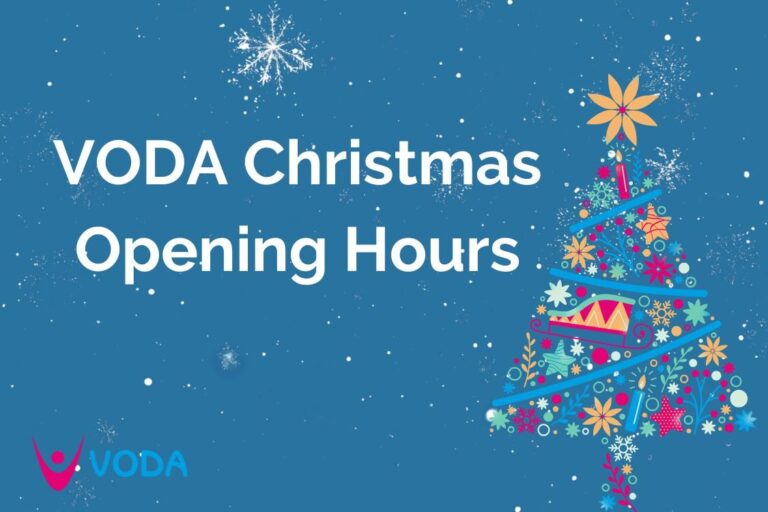 VODA Christmas Opening Hours with christmas tree and snowy background