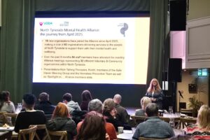 Presenter next to a large screen.