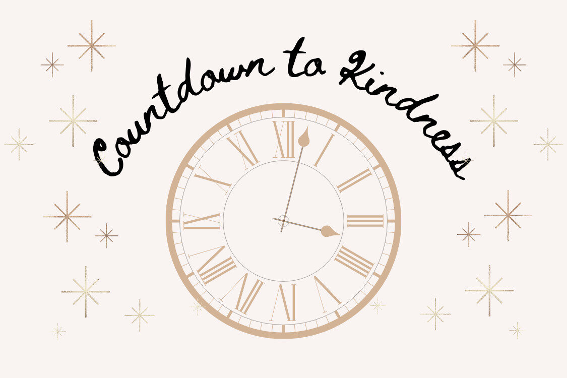 Image shows a clock surrounded by stars with the text Countdown to kindness