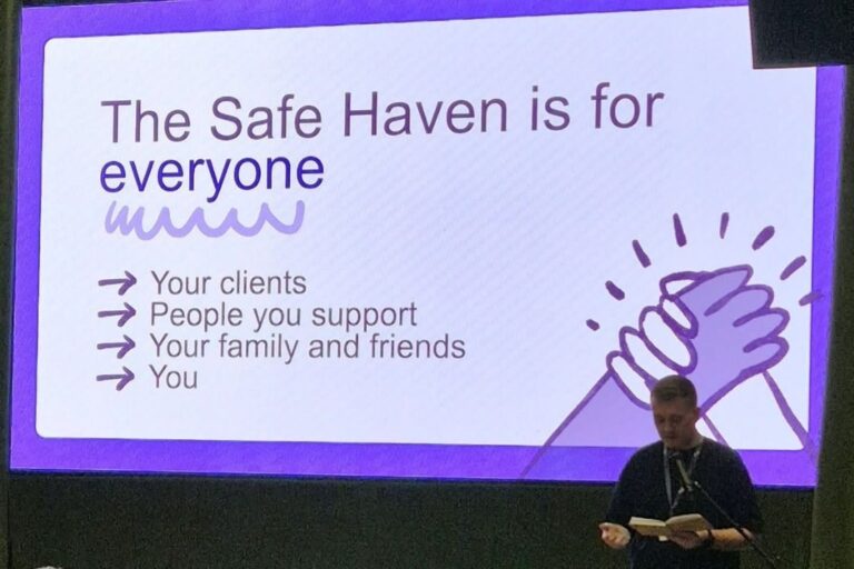 Image of large presentaion slide which talks about the North Tyneside Safe Haven. The presenter can be seen in the bottom right corner of the image.