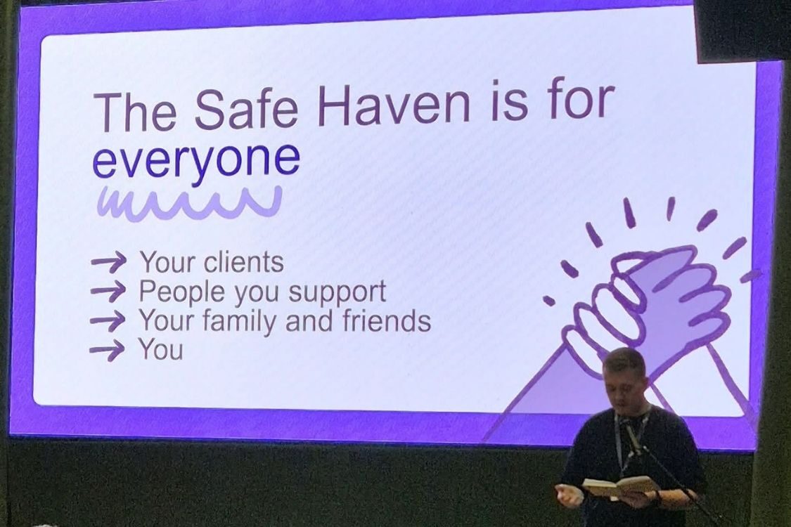 Image of large presentaion slide which talks about the North Tyneside Safe Haven. The presenter can be seen in the bottom right corner of the image.