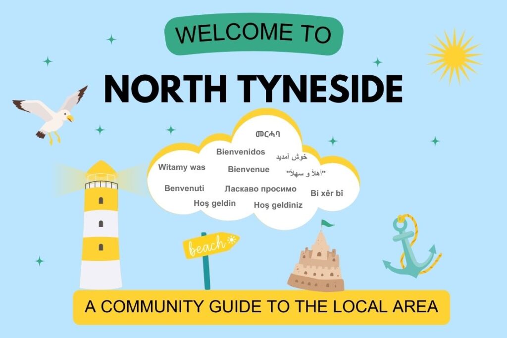 Welcome to North Tyneside Booklet Cover in Portrait. A community guide to the local area. Blue background with a lighthouse, seagull, sandcastle and beach sign.