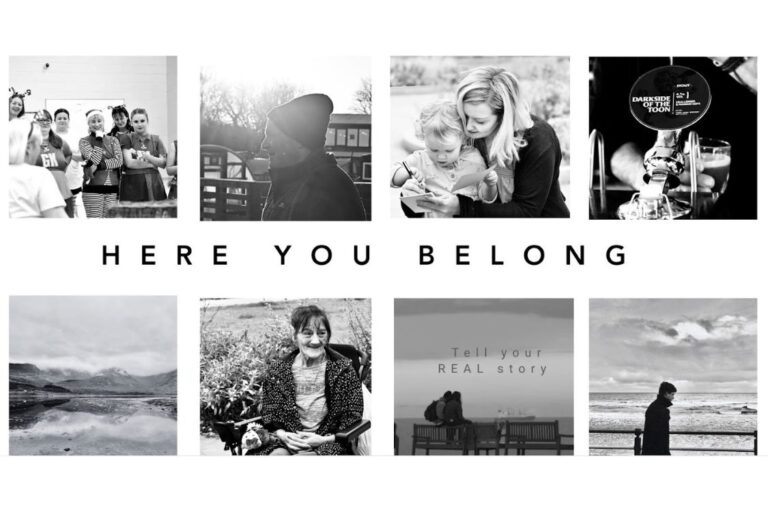 A selelction of black and white images of people in various poses with the text 'here you belong'