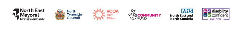 Logos -North East Mayoral Strategic Authority, North Tyneside Council, VCQA, Community Fund, NHS North East and North Cumbria, Disability Confident.