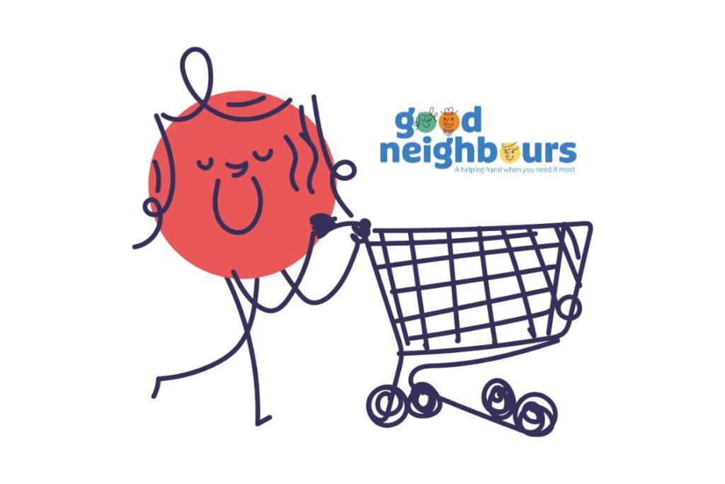 Pencil stick figure with large round red smiling face pushing shopping trolley. Good Neighbours logo above trolley