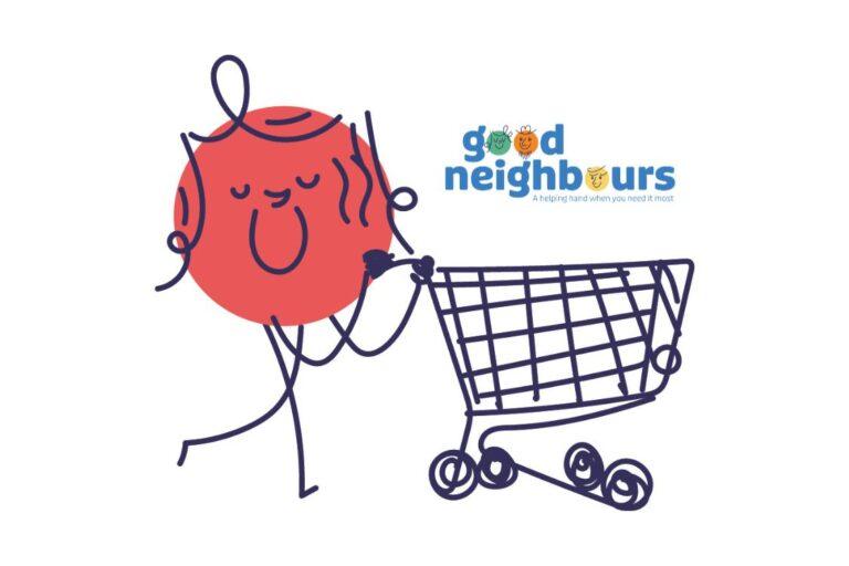 Pencil stick figure with large round red smiling face pushing shopping trolley. Good Neighbours logo above trolley